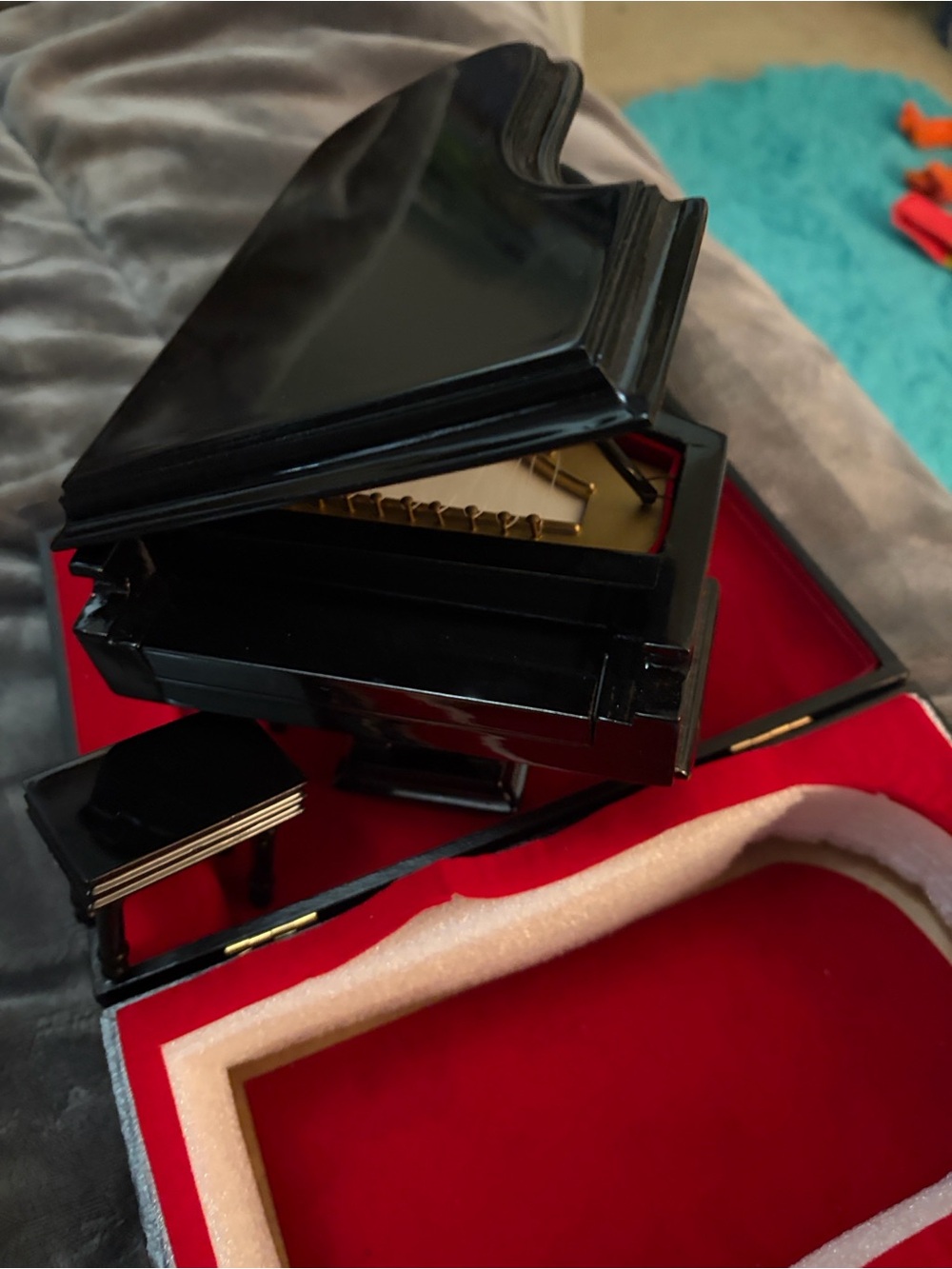Black Miniature Grand Piano Music Box with Bench new never opened is a Antique